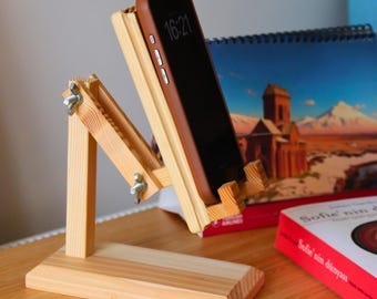 Massief houten verstelbare telefoonstandaard – handgemaakte houten houder, compatibel met tablet, uitschuifbare arm