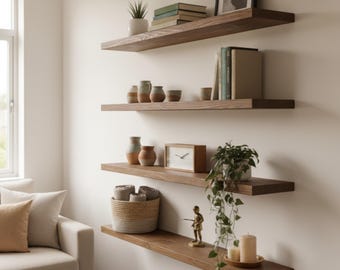 Puede incluir: Cuatro estantes flotantes horizontales de madera oscura montados en una pared. Los estantes contienen varios artículos, incluidos libros, pequeños jarrones de cerámica, un reloj de madera, una cesta tejida, una pequeña figura, una planta verde y velas.