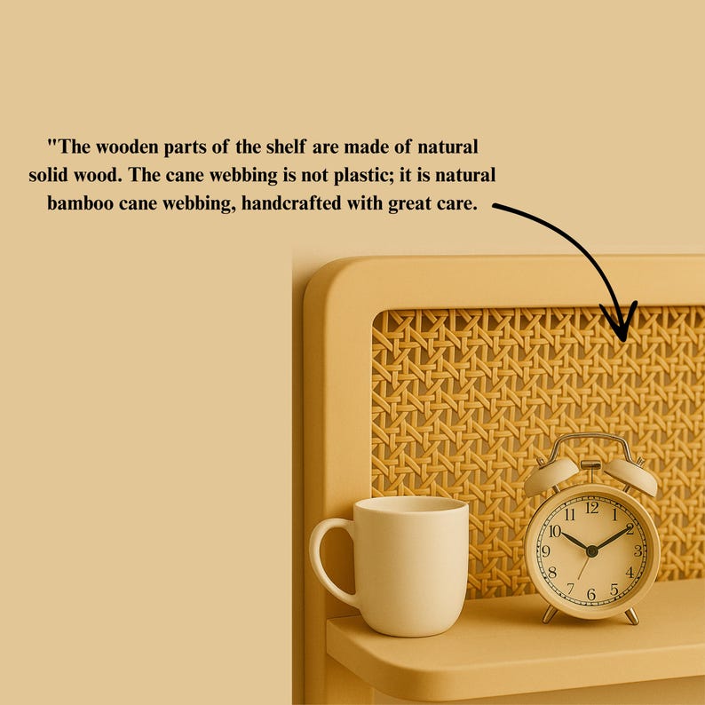 Puede incluir: Una estanter&iacute;a crema con respaldo de mimbre tejido, que sostiene una taza blanca y un despertador vintage. El reloj tiene una esfera crema con n&uacute;meros y manecillas negras. La estanter&iacute;a est&aacute; hecha de madera maciza natural y mimbre de bamb&uacute;.