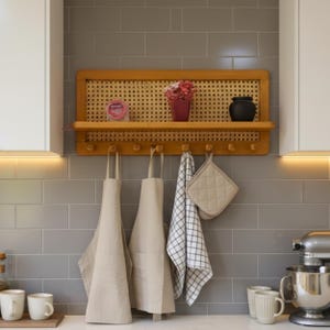 Puede incluir: Una escena de cocina con una estanter&iacute;a de madera con respaldo de ca&ntilde;a tejida, que contiene un peque&ntilde;o jarr&oacute;n con flores rosas y una olla negra. Debajo, dos delantales beige, un pa&ntilde;o de cocina a cuadros y un guante de cocina acolchado cuelgan de ganchos. El fondo es una pared de azulejos grises.