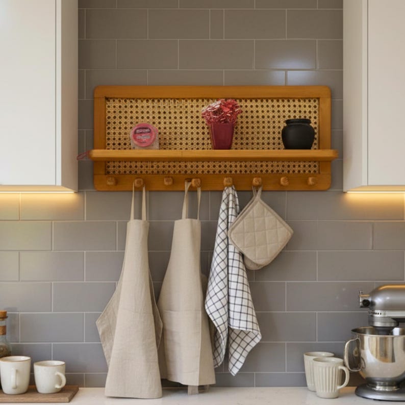 Puede incluir: Una escena de cocina con una estanter&iacute;a de madera con respaldo de ca&ntilde;a tejida, que contiene un peque&ntilde;o jarr&oacute;n con flores rosas y una olla negra. Debajo, dos delantales beige, un pa&ntilde;o de cocina a cuadros y un guante de cocina acolchado cuelgan de ganchos. El fondo es una pared de azulejos grises.