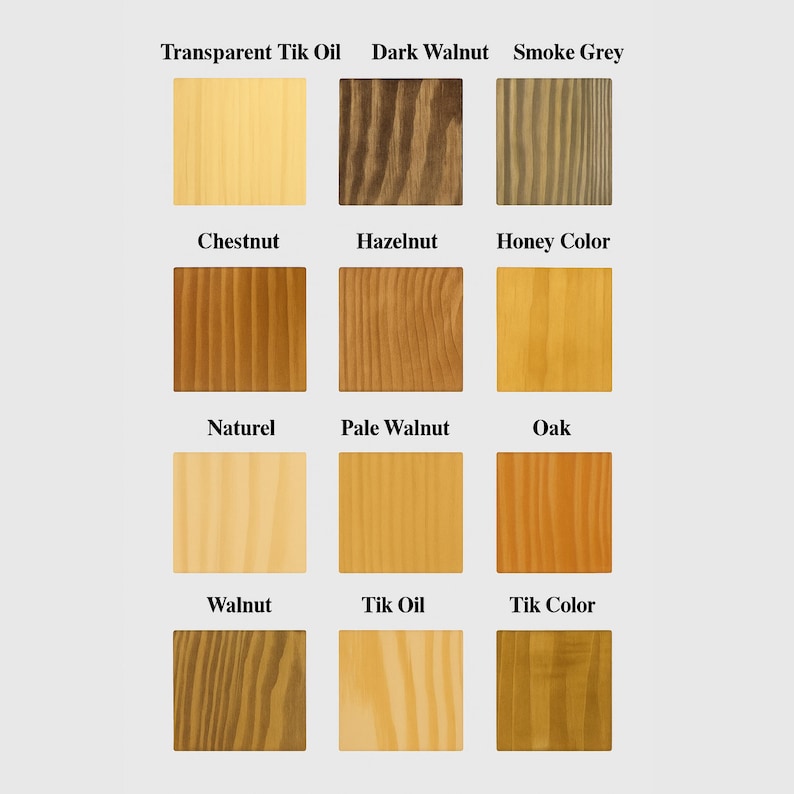 Puede incluir: Una carta de colores con doce muestras de tinte para madera. Las muestras incluyen tonos como Transparent Tik Oil, Dark Walnut, Smoke Grey, Chestnut, Hazelnut, Honey Color, Naturel, Pale Walnut, Oak, Walnut, Tik Oil y Tik Color.