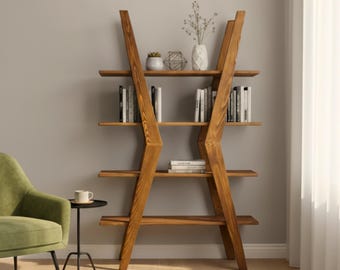 Handmade Solid Wood Bookshelf – Freestanding Wooden Shelving Unit for Living Room or Office Decor