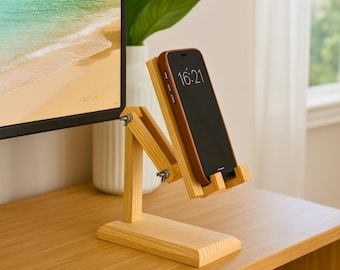 Handmade Wooden Phone Stand – Solid Wood Wooden Holder, Tablet Compatible, Extendable Arm