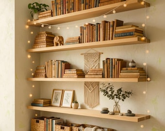 May include: Wooden shelves filled with antique books, decorative baskets, and small plants. A string of fairy lights adds a warm glow to the display. The books are in various colors and sizes, creating a cozy, vintage aesthetic.