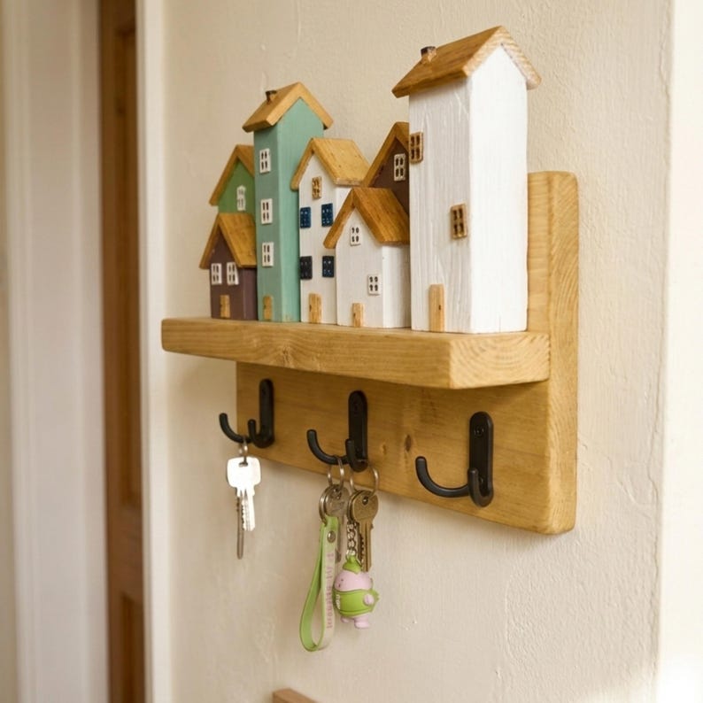 Handmade Wooden Key Holder Wall Mount – Rustic House Key Rack With ...