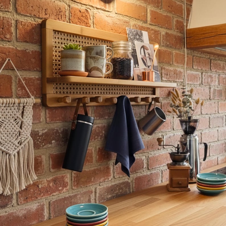 Puede incluir: Estante de pared de bamb&uacute; con respaldo tejido, con tazas, una peque&ntilde;a planta en maceta y un tarro. Debajo, una fila de clavijas sostiene un termo negro, un pa&ntilde;o azul marino y una taza de metal. El estante est&aacute; montado en una pared de ladrillo.