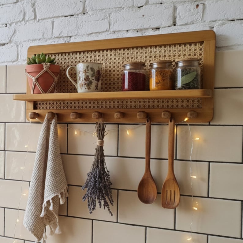 Puede incluir: Estante de cocina de madera con respaldo de mimbre, que contiene una planta en maceta, una taza floral y frascos de especias. Debajo, una toalla, lavanda y cucharas de madera cuelgan de clavijas.