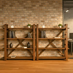 Handmade Solid Wood Bookshelf | Rustic Natural X Shelf Unit | Fir Wood Bookcase