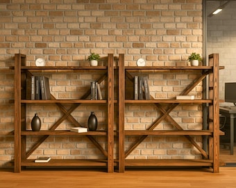 Handgemaakte massief houten boekenplank | Rustiek natuurlijk X-rek | Dennenhouten boekenkast