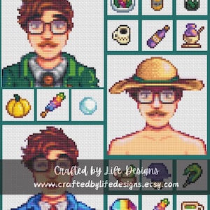 May include: Pixel art portraits of a man in various outfits, including a green jacket, a straw hat, and a blue suit. The image also features pixel art of various objects, including a pumpkin, a mug, and a rainbow.