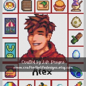 May include: A pixel art cross-stitch pattern featuring a character named Alex from the video game Stardew Valley. The pattern includes a variety of items from the game, such as crops, tools, and food. The text "Crafted by Life Designs" and the website address "www.craftedbylifedesigns.etsy.com" are also included in the pattern.