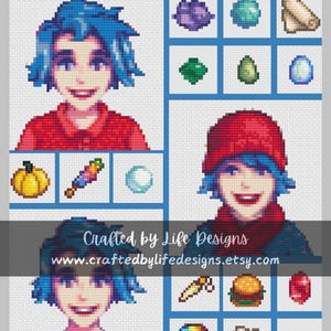 May include: Cross stitch pattern featuring a pixelated character with blue hair and a red shirt. The pattern includes various items such as a pumpkin, a sword, a burger, and a rainbow gem. The text "Crafted by Life Designs www.craftedbylifedesigns.etsy.com" is at the bottom of the image.
