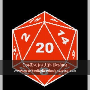 May include: A red twenty-sided die with white numbers and lines. The die is on a black background. Crafted by Life Designs www.craftedbylifedesigns.etsy.com