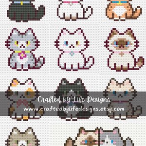 May include: Nine cross-stitch cat designs in a grid, featuring various colours like black, grey, orange, and white. Each cat has a collar. The image includes the text "Crafted by Life Designs" and a website address.