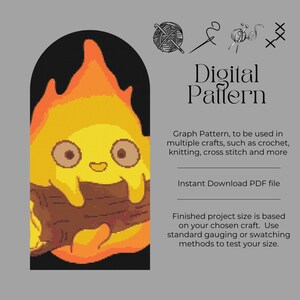 May include: Digital pattern featuring a cartoon fire demon design. The image shows a yellow and orange fire character holding a log, set against a black arch. Text includes "Digital Pattern" and instructions for crochet, knitting, and cross stitch.