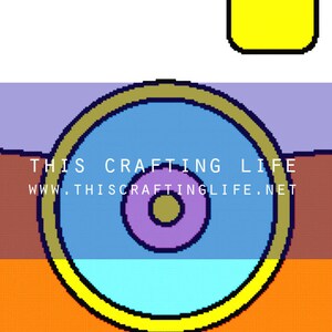 Puede incluir: Un diseño abstracto colorido con un círculo amarillo, azul y morado en el centro. El texto "THIS CRAFTING LIFE" y "WWW.THISCRAFTINGLIFE.NET" está debajo del círculo. El fondo es una mezcla de naranja, marrón, azul y morado.