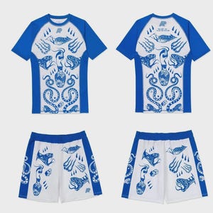 May include: A blue and white athletic set comprising a short-sleeved top and shorts. Both items display a blue graphic print of snakes, vases, and other motifs. The top has blue sleeves, and the shorts feature blue side panels. The set is designed for sports.