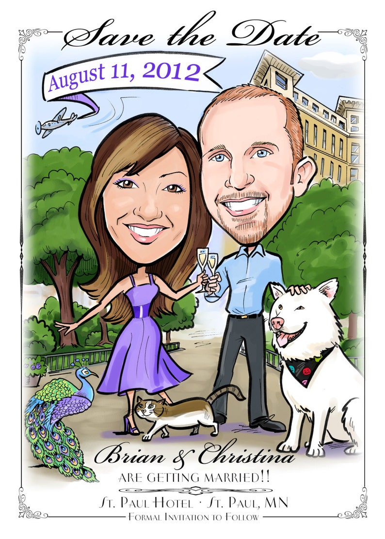 Fun caricature save the dates express your unique personalities Send in your photos and ideas to illustrate the date image 1