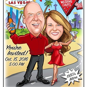 Las Vegas wedding save the date cards destination wedding save the date magnets custom caricature sign in board image 3