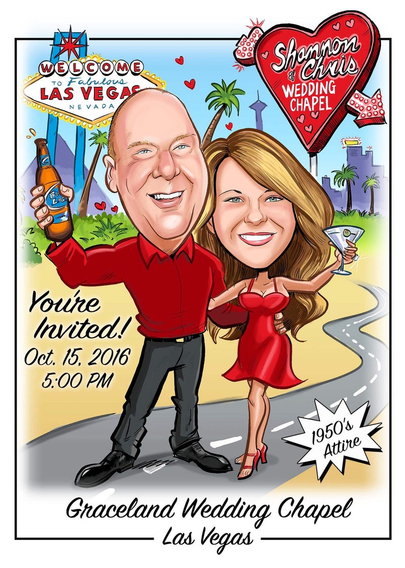 Las Vegas wedding save the date cards destination wedding save the date magnets custom caricature sign in board image 3