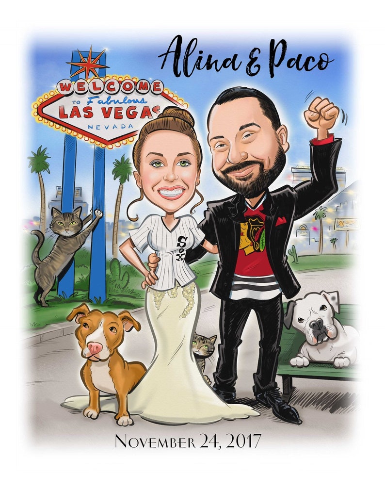 Las Vegas wedding save the date cards destination wedding save the date magnets custom caricature sign in board image 2