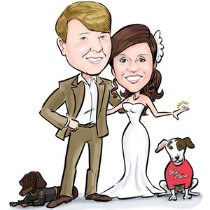 May include: A caricature of a couple, Ashley & Ian, getting married on May 26th, 2012. The bride is wearing a white wedding dress and the groom is wearing a brown suit. They are standing with their two dogs, one wearing an Ole Miss shirt and the other wearing a Saints jersey.