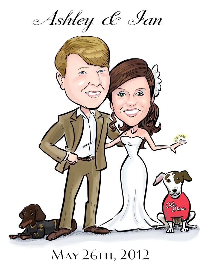 May include: A caricature of a couple, Ashley & Ian, getting married on May 26th, 2012. The bride is wearing a white wedding dress and the groom is wearing a brown suit. They are standing with their two dogs, one wearing an Ole Miss shirt and the other wearing a Saints jersey.
