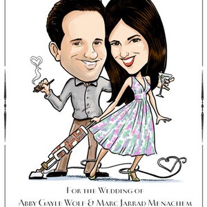 May include: A cartoon save the date announcement for a wedding. The couple is depicted in a humorous way, with the groom holding a vacuum cleaner and the bride holding a martini glass. The text reads "Please Save the Date, Saturday, October 2, 2010, For the Wedding of Abby Gayle Wolf & Marc Jarrad Menachem, Mandarin Oriental, New York, Formal Invitation to Follow."