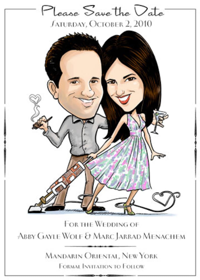 May include: A cartoon save the date announcement for a wedding. The couple is depicted in a humorous way, with the groom holding a vacuum cleaner and the bride holding a martini glass. The text reads "Please Save the Date, Saturday, October 2, 2010, For the Wedding of Abby Gayle Wolf & Marc Jarrad Menachem, Mandarin Oriental, New York, Formal Invitation to Follow."