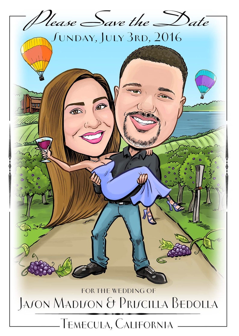 Las Vegas wedding save the date cards destination wedding save the date magnets custom caricature sign in board image 7