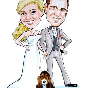 May include: A cartoon illustration of a bride and groom with a basset hound dog. The bride is wearing a white wedding dress and the groom is wearing a gray suit. The dog is sitting on a red pillow with wedding rings on it. The text "May 14th, 2011" is written below the image.