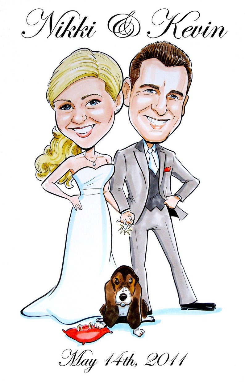 May include: A cartoon illustration of a bride and groom with a basset hound dog. The bride is wearing a white wedding dress and the groom is wearing a gray suit. The dog is sitting on a red pillow with wedding rings on it. The text "May 14th, 2011" is written below the image.