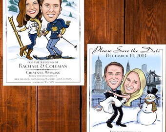 Winter Wedding Caricature Save the Dates - Cards, Magnets, and Invitations