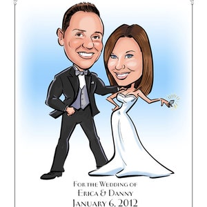 May include: A cartoon illustration of a couple dressed in wedding attire. The bride is wearing a white dress and holding a diamond ring. The groom is wearing a black suit and a white bow tie. The text "Please Save the Date" is at the top of the image. The text "For the Wedding of Erica & Danny January 6, 2012 Formal Invitation to Follow" is at the bottom of the image.