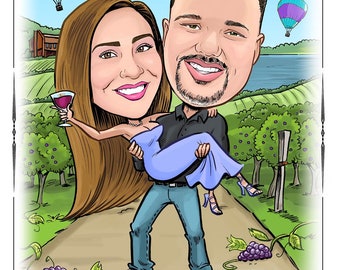 Save the date magnet, card, wedding invitations. Custom caricature portrait save the dates drawn from photos.