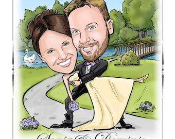 Save the date magnet, card, wedding invitations. Custom caricature portrait save the dates drawn from photos.