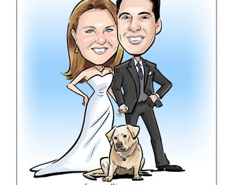 Caricatura de retrato para guardar la fecha de tu boda. Envía tus fotos para que te hagamos un dibujo personalizado para guardar la fecha.