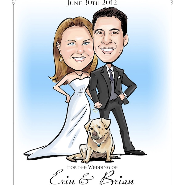 Portrait caricature save the dates for your wedding. Send in your photos for a custom drawn save the date.
