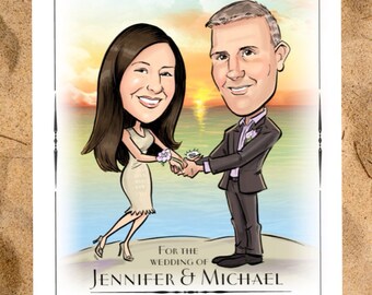 Beach destiantion save the date cards, magnets, and wedding invitations with adorable caricatures!