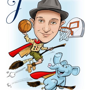 Benutzerdefinierte Karikaturporträt Bar Mitzwa, Fledermaus Mitzwa, B'nai Mitzwa Save-the-Date, Einladung, Schild