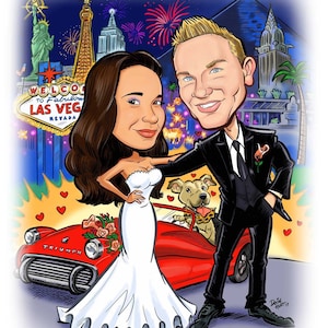 Las Vegas wedding save the date cards destination wedding save the date magnets custom caricature sign in board image 1