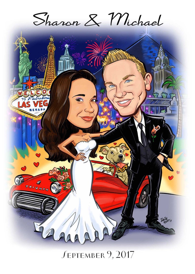 Las Vegas wedding save the date cards destination wedding save the date magnets custom caricature sign in board image 1