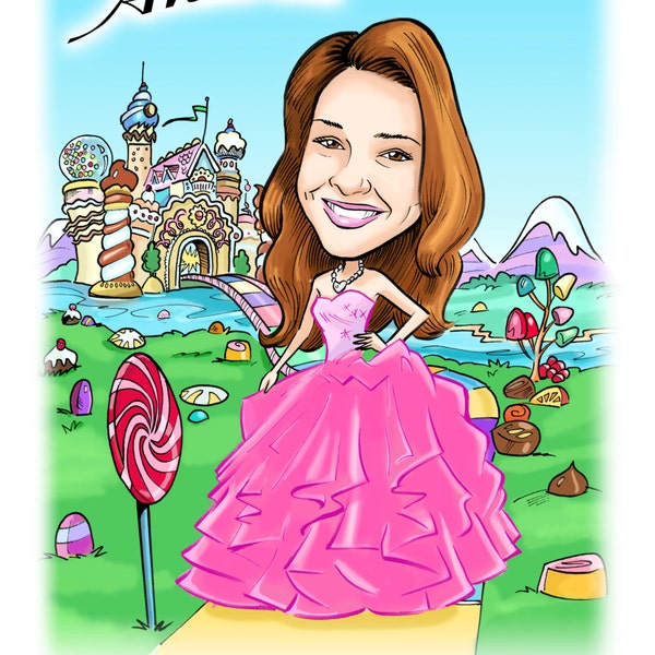 Sign in board art for bat mitzvah, Quinceañera, sweet 16, birthday. Custom caricature portrait with all of her favorite things!