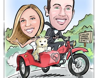 Unique custom caricature save the dates, invitations, or reception guest book posters. Cartoon drawings made just for you