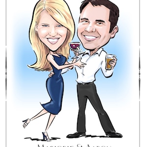 May include: A cartoon illustration of a couple, a woman in a blue dress and a man in a white shirt and black pants, holding glasses of wine and beer. The text "Please Save the Date" is at the top of the image, followed by "Saturday, April 28, 2012". The text "Marjorie & Aaron" is at the bottom of the image, followed by "St. Louis, Missouri" and "www.marjorieandaaron.com".