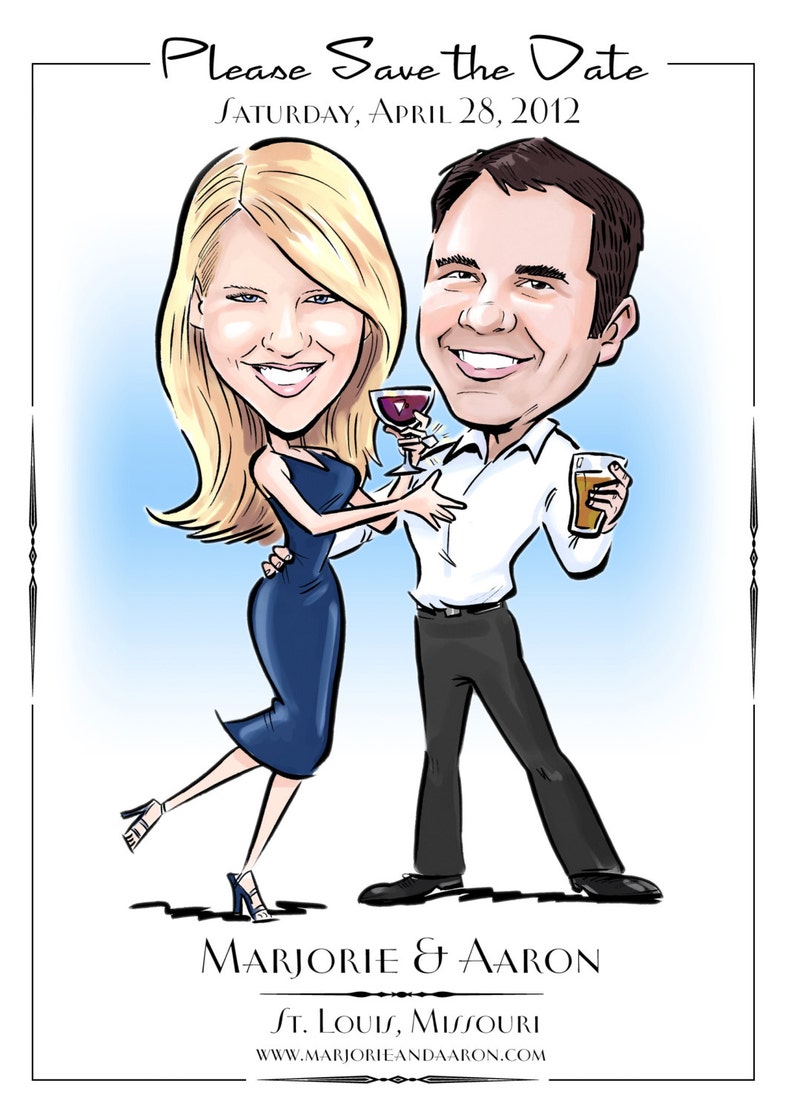 May include: A cartoon illustration of a couple, a woman in a blue dress and a man in a white shirt and black pants, holding glasses of wine and beer. The text "Please Save the Date" is at the top of the image, followed by "Saturday, April 28, 2012". The text "Marjorie & Aaron" is at the bottom of the image, followed by "St. Louis, Missouri" and "www.marjorieandaaron.com".