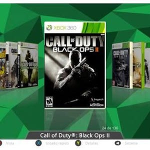May include: An image showcasing Xbox 360 game cases, with "Call of Duty: Black Ops II" as the central focus. The game box features a silhouetted figure with a gun. The background is a green geometric design.