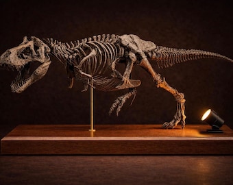 Scultura di scheletro di dinosauro T-Rex – Esposizione di fossili, luce calda, base in legno – Decorazione paleontologica (20 cm)