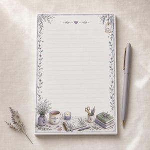 May include: A rectangular notepad with lined paper featuring a lavender floral border, a small heart, and a hanging tag. The bottom illustration shows a vase of lavender, a mug labelled the notebook nest, a candle, a notebook, and stacked books.